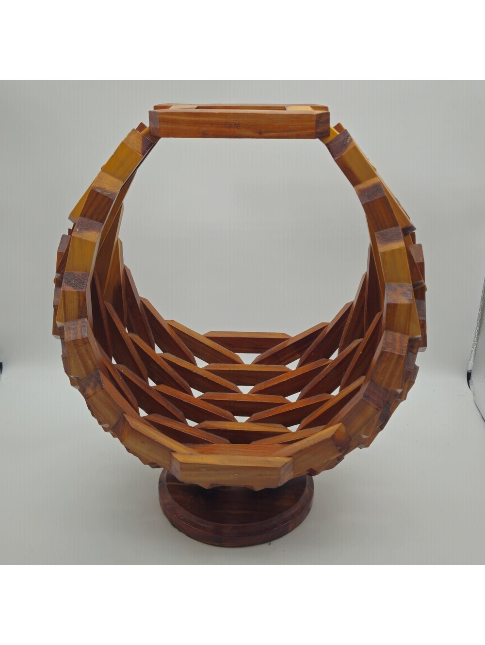 Vintage Handcrafted Geometric Wooden Basket 15x13x9